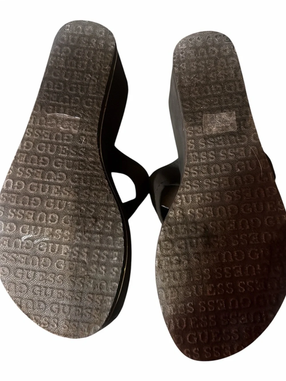 GUESS Dark Brown Wedge Flip Flops with Gold Logo Charm